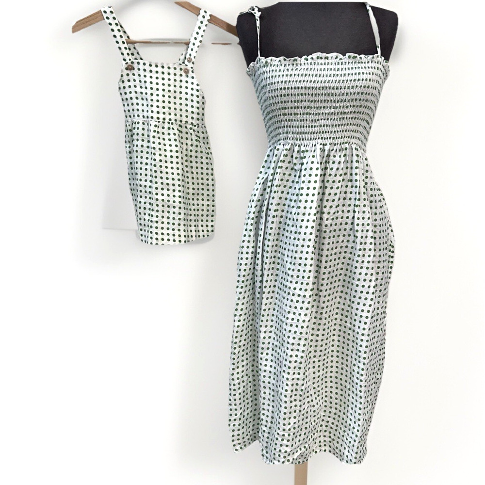 Oeuf Sundress Mother Daughter Women M / 2T Organic Linen White Green Dot Woven